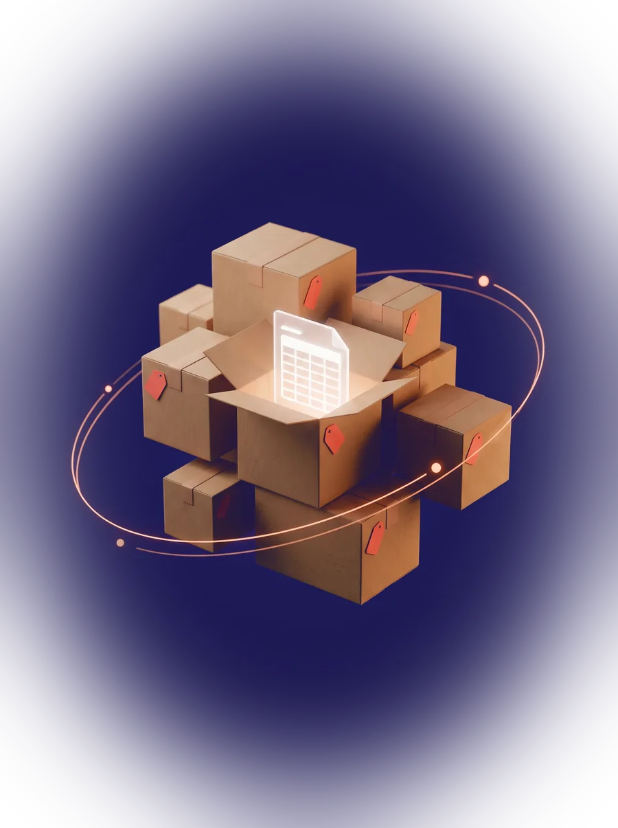 Brand artwork: a cluster of parcels with coral price tags, one open box glowing with a sales sheet, a peach orbit line circling them