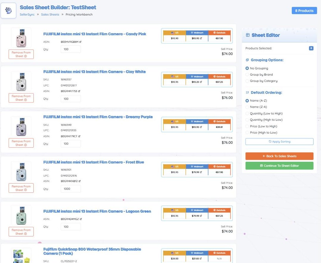 The Sales Sheet Builder: each product with its US, Walmart and Geizhals price and a locked sell price