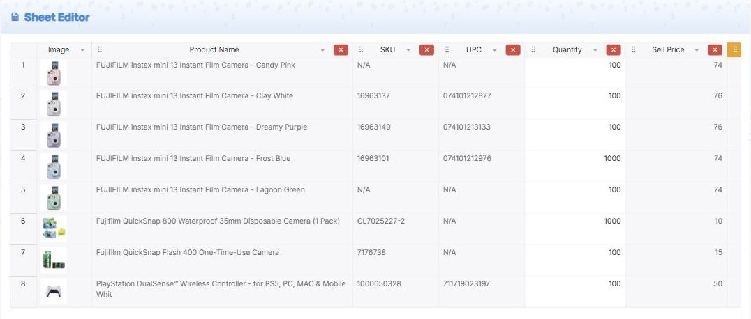 The Sheet Editor: a spreadsheet of products with SKU, UPC, quantity and a locked sell price