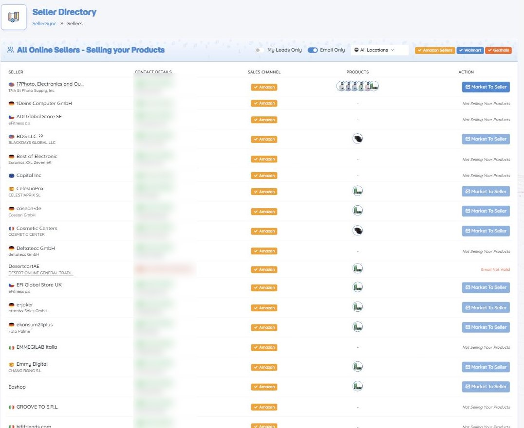 The Seller Directory: sellers with verified emails, sales channel, the products they carry and a Market to Seller action